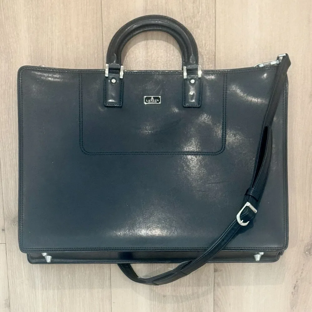 LANVIN COLLECTION Leather Business Bag w Three-Way Zip in Black Leather